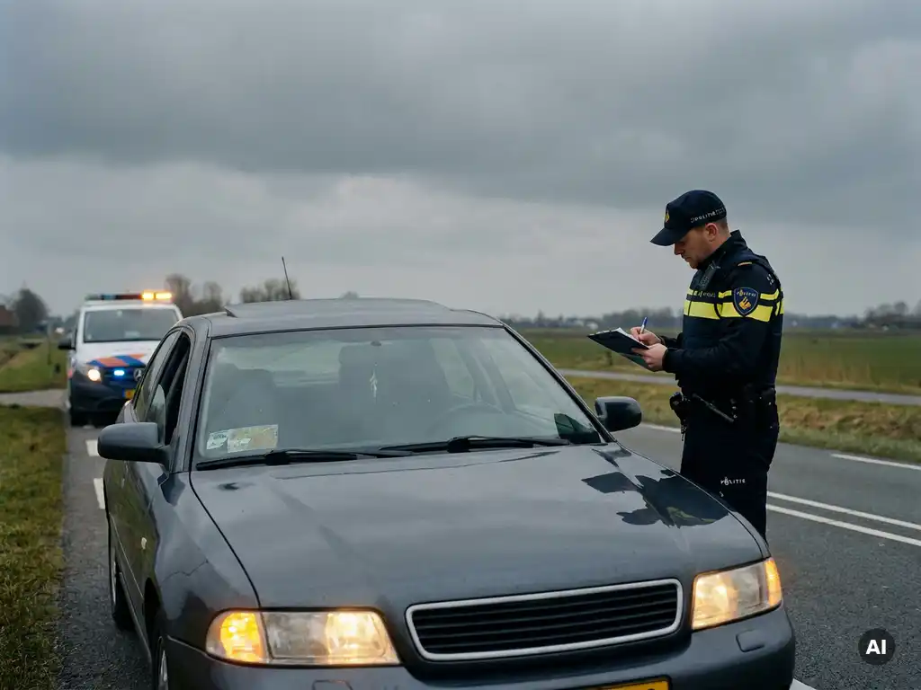 Politieagent schrijft bon naast geparkeerde auto langs Nederlandse weg, verlopen APK-sticker zichtbaar op voorruit.