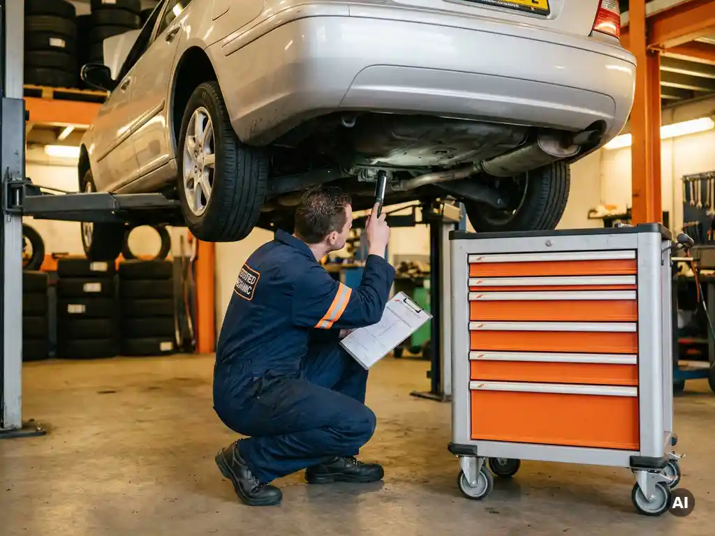 Gecertificeerde monteur inspecteert auto-onderkant op hydraulische lift tijdens RDW-keuring in professionele garagewerkplaats.