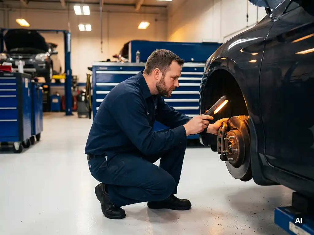Monteur in marineblauw uniform inspecteert remonderdelen bij het voorwiel van een auto met een zaklamp in een verlichte garage.