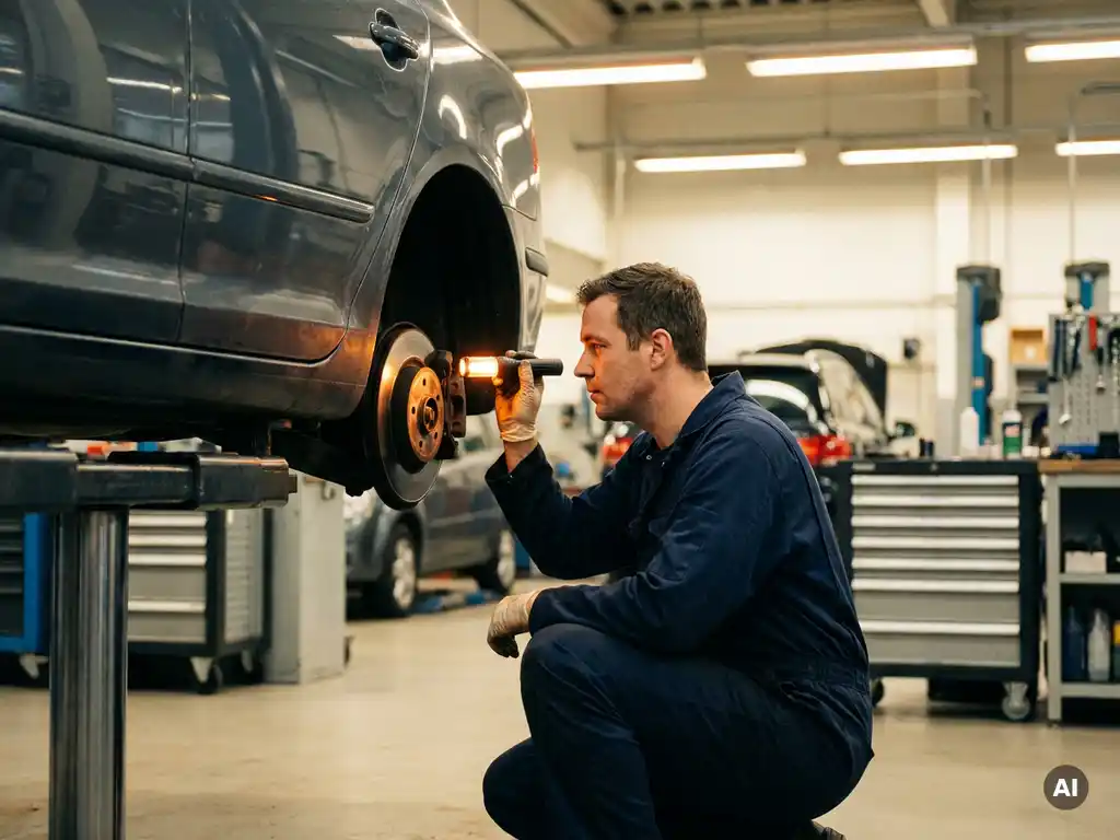 Monteur in marineblauw uniform inspecteert remschijf van opgeheven auto met zaklamp in professionele garage.