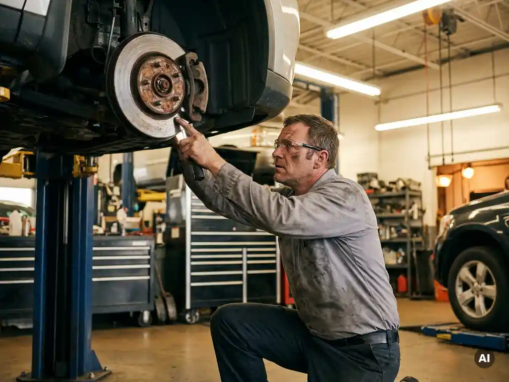 Monteur in grijs uniform inspecteert versleten remschijven onder een auto op een hydraulische lift in een professionele garage.