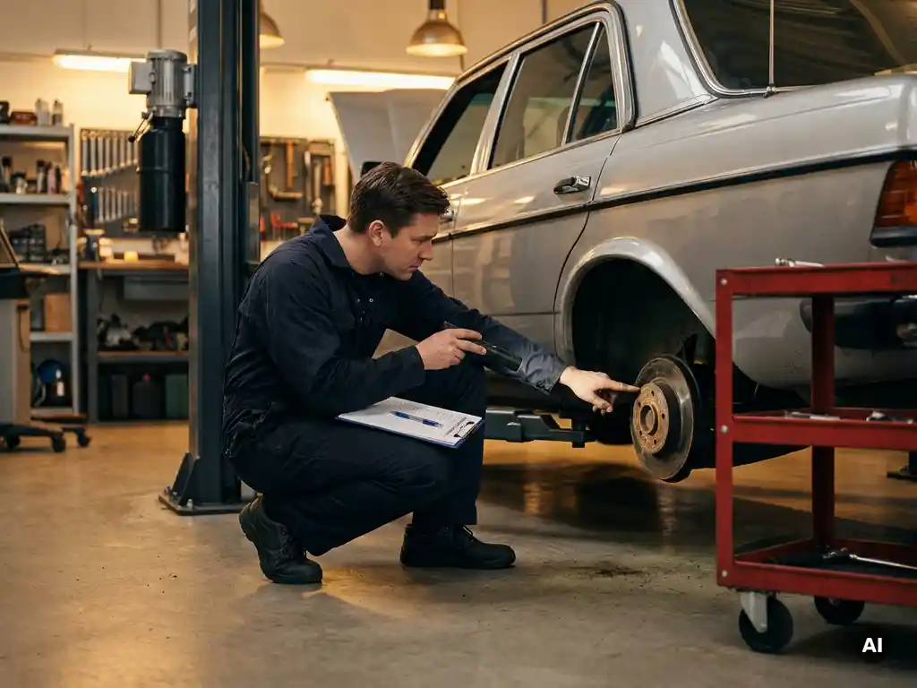 Monteur inspecteert versleten remschijf onder opgeheven auto in professionele werkplaats met klembord op gereedschapswagen.