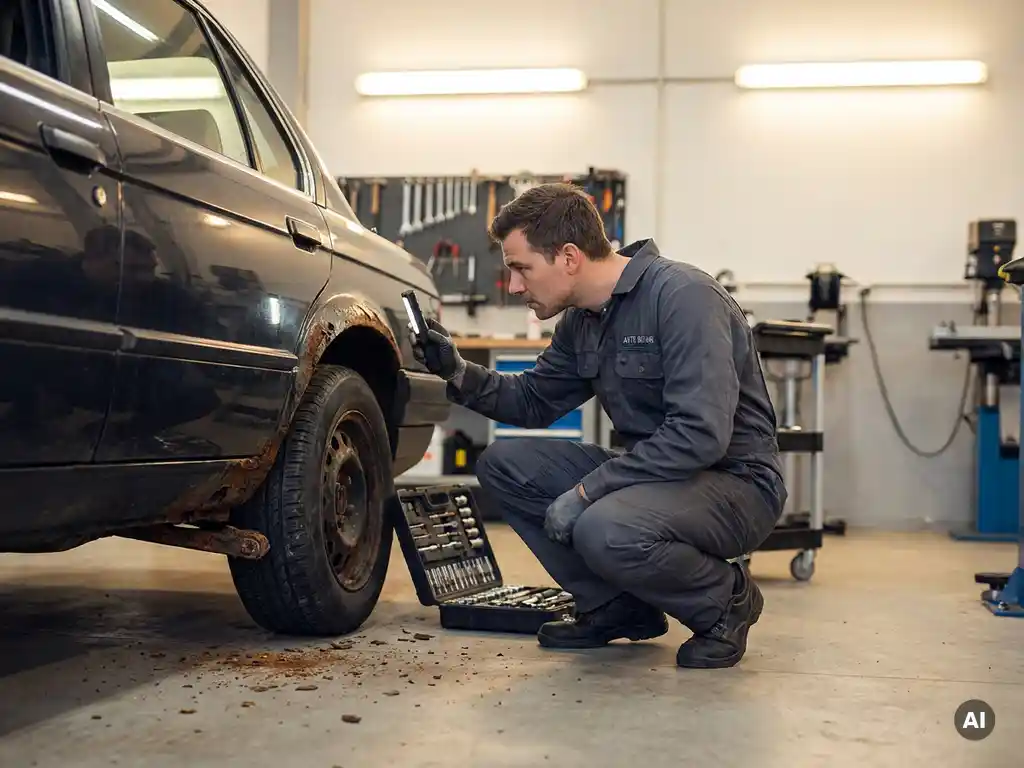 Monteur in grijs uniform inspecteert zwaar geroest wielhuis en wielophanging onder een auto in een professionele garage.