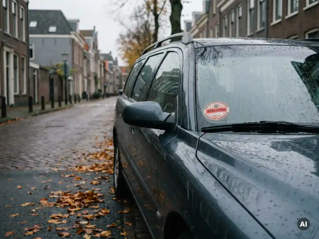 Auto met verlopen APK-sticker op de voorruit, geparkeerd op een natte Nederlandse straat met herfstbladeren op het asfalt.
