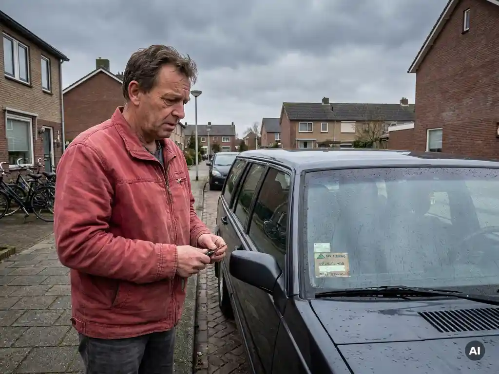Bezorgde auto-eigenaar met sleutels naast geparkeerde auto met verlopen APK-sticker op de voorruit, bewolkte straat.