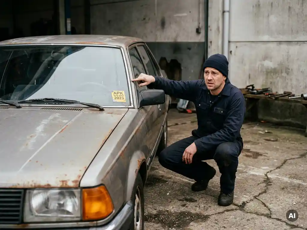 Verweerde auto voor garagedeur met verlopen APK-sticker, monteur in blauwe overall inspecteert het voertuig bezorgd.