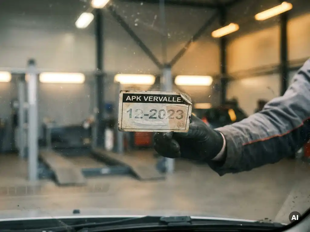 Verlopen APK-keuringssticker op autoruit met licht loslaten hoek, monteurhand ernaast in Nederlandse garage.