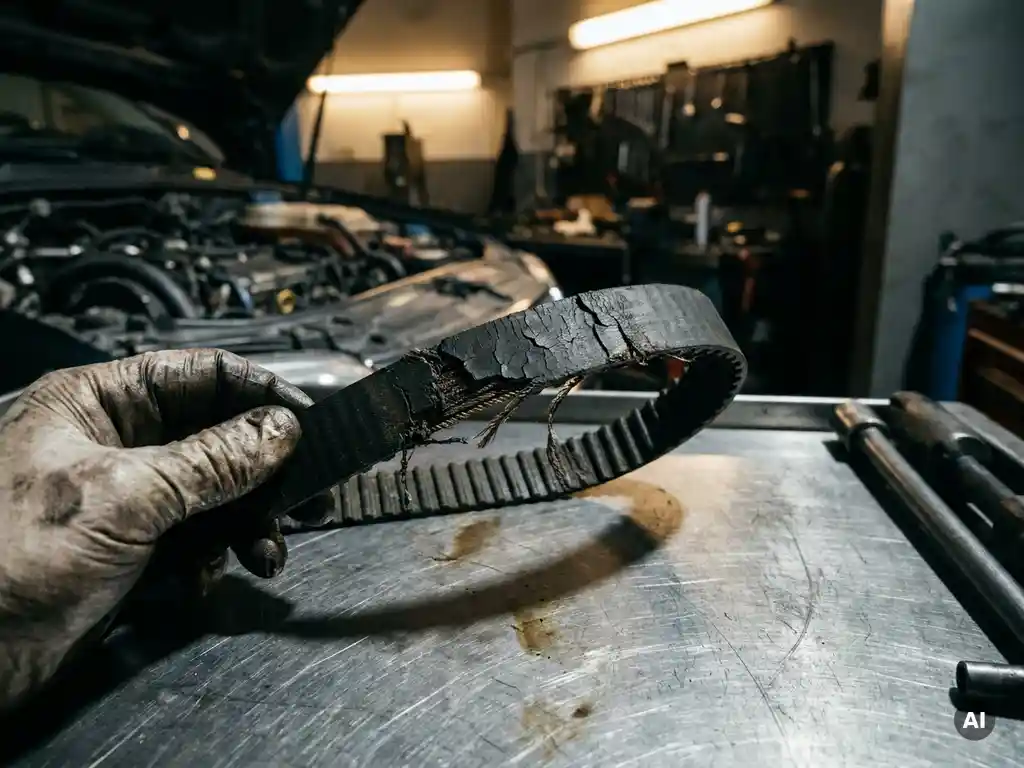 Versleten distributieriem met scheuren en rafels, vastgehouden door een monteur met vettige handschoen boven een stalen werkbank.