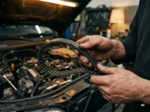Versleten distributieriem met scheuren en rafels in de handen van een monteur, gefotografeerd in een professionele garage.