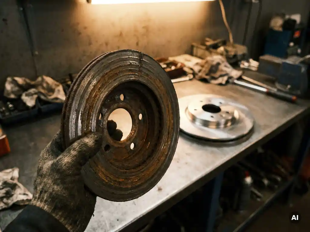 Versleten remschijf met diepe groeven en roest in hand van monteur, nieuwe remschijf zichtbaar op werkbank op achtergrond.