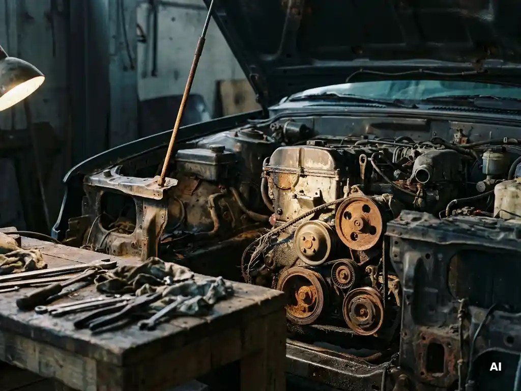 Verwaarloosde auto-motor met roest en vuil, gebarsten serpentineriemriem zichtbaar bij gecorrodeerde onderdelen in een donkere garage.