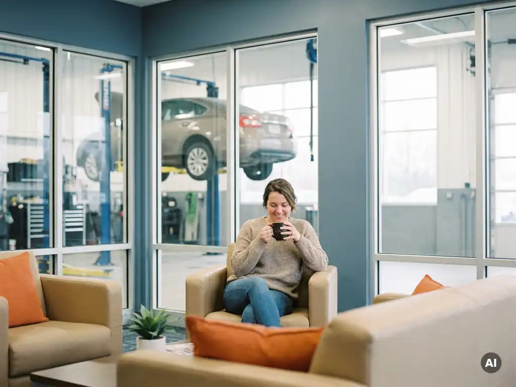 Klant met koffiekopje in moderne garagewachtkamer, op de achtergrond een auto op hydraulische hefbrug zichtbaar door grote ramen.